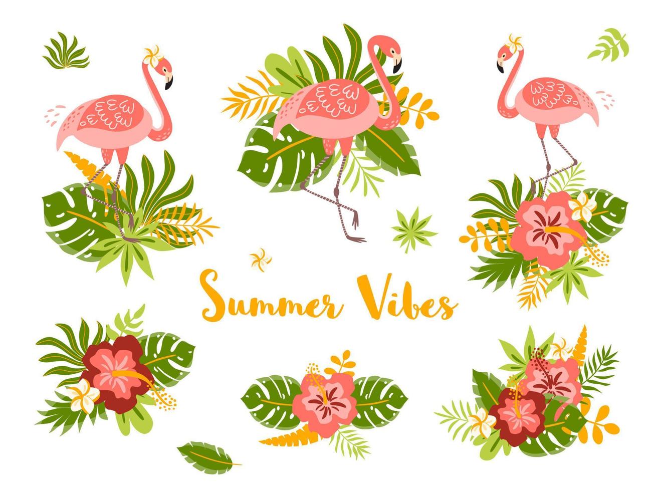 tropisch einstellen von süß Sommer- Elemente, Flamingo, exotisch Blumen, Palme Blätter Strauß Hibiskus. hell Sommer tropisch Plakate Sammlung von Scrapbooking zum Strand Party lädt ein. Vektor Illustration