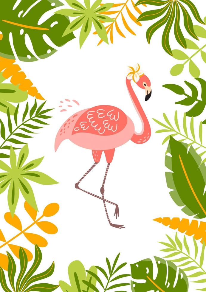 tropisch Flamingo Karte. exotisch tropisch Urwald Regen Wald hell Grün Palme Baum, Monstera Blätter, Rosa Flamingo Vogel. süß Grün Rand Rahmen Vorlage auf Weiß Hintergrund Vertikale Vektor Illustration.