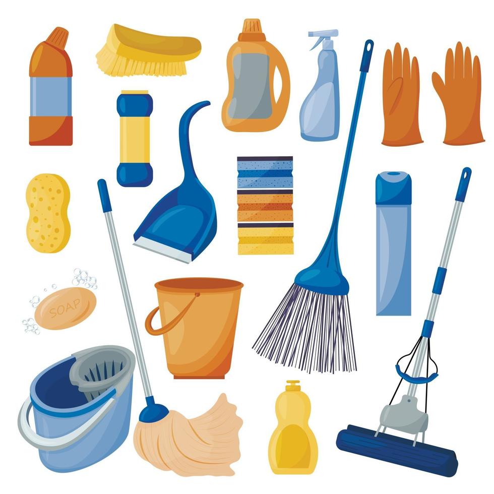 Reinigung. eine Reihe von Werkzeugen zur Reinigung des Hauses, isoliert auf einem weißen Hintergrund. Wasch- und Desinfektionsmittel, Mops, Eimer, Bürste und Besen. Vektorillustration vektor