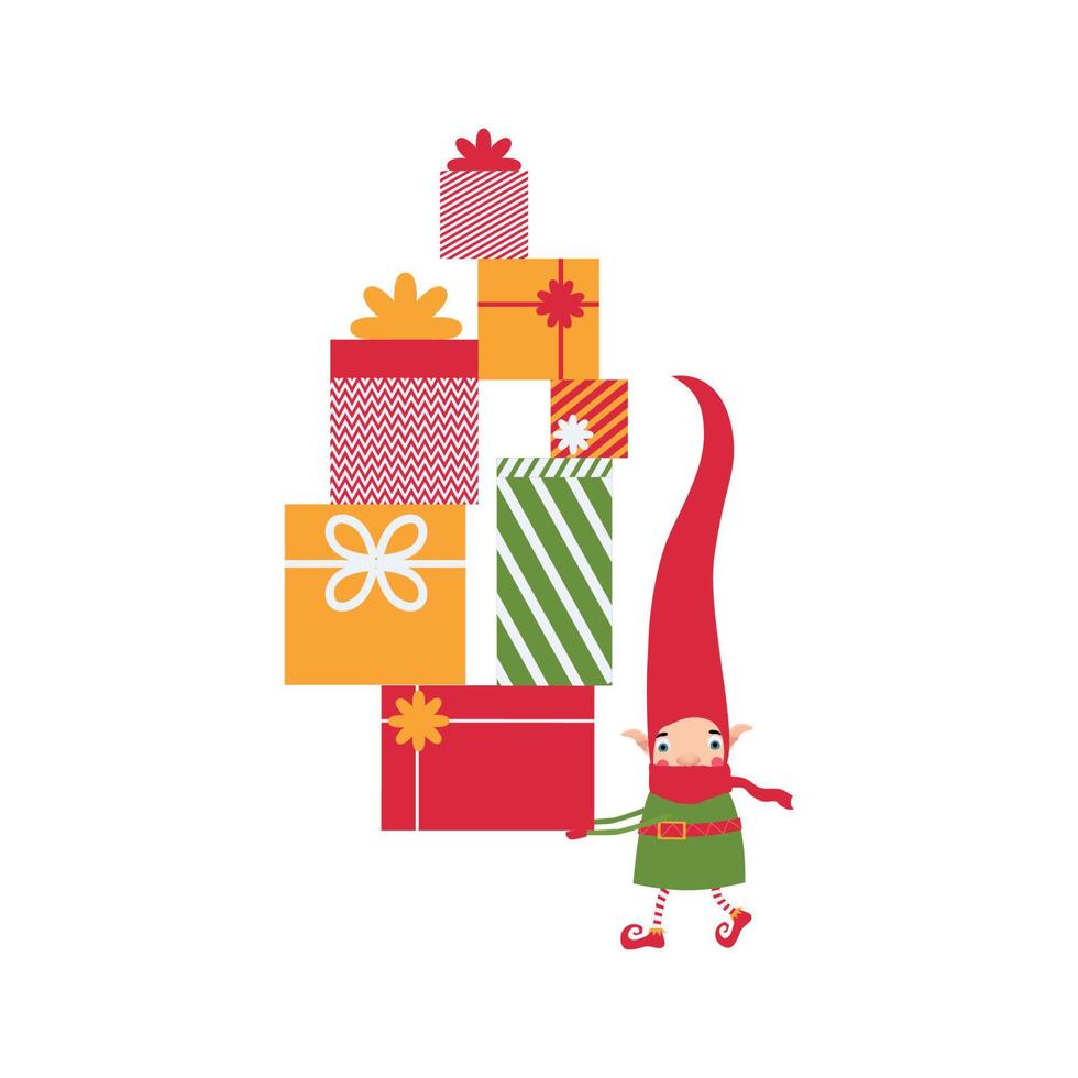 Weihnachten Elf trägt Kisten mit Geschenke. süß Neu Jahr Illustration zum Kinder vektor
