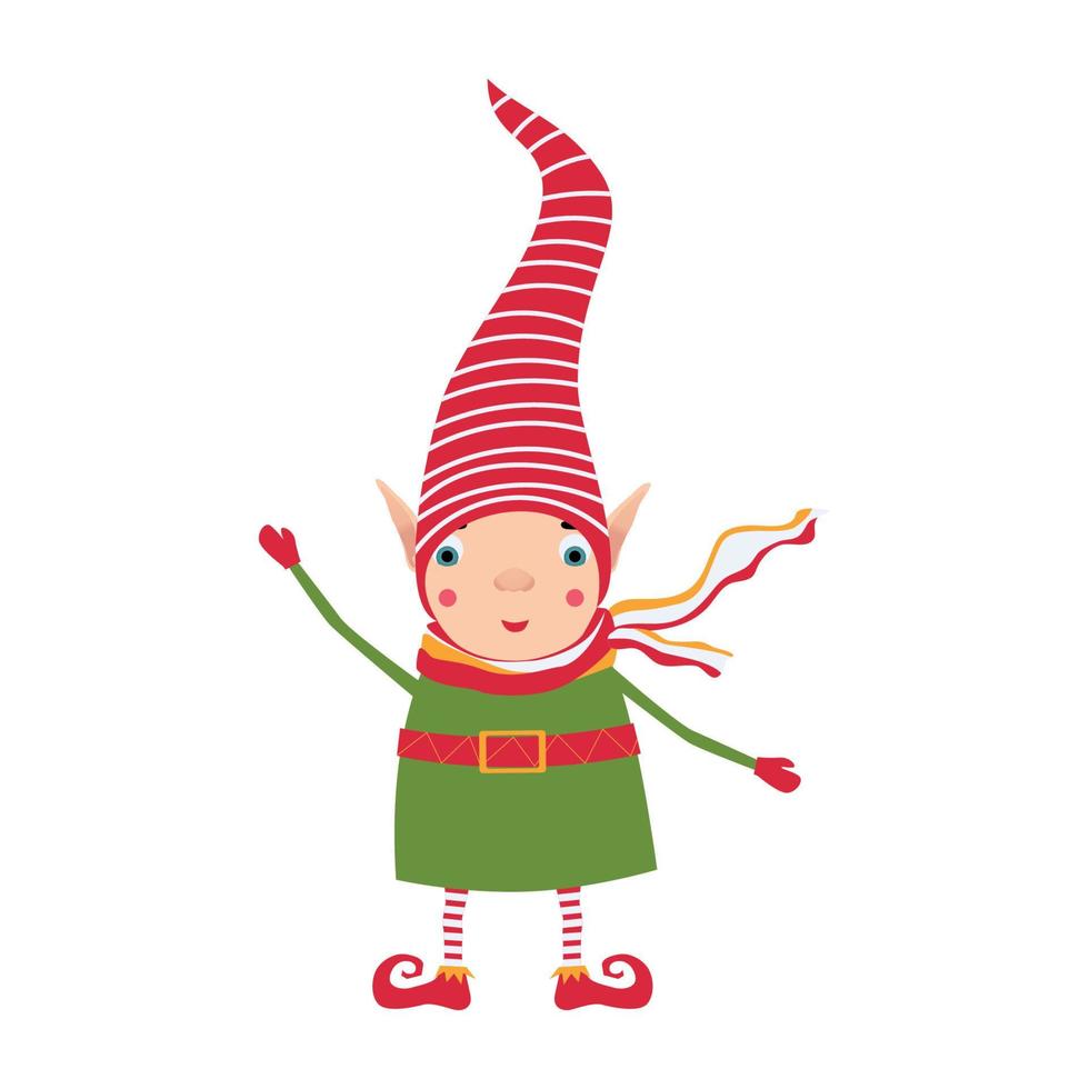 ein Weihnachten Elf im ein rot gestreift Hut lächelt und Wellen seine Hand im Gruß. bezaubernd Neu Jahr Kinder Illustration vektor