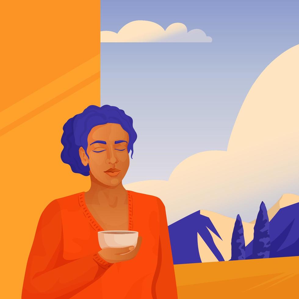 Vektor Illustration von ein Mädchen Trinken Tee oder Kaffee im ein Berg Haus auf das Terrasse. Herbst und Winter Feiertage, Hotels und Gasthäuser auf das Mittelmeer Meer, Zypressen und Berge