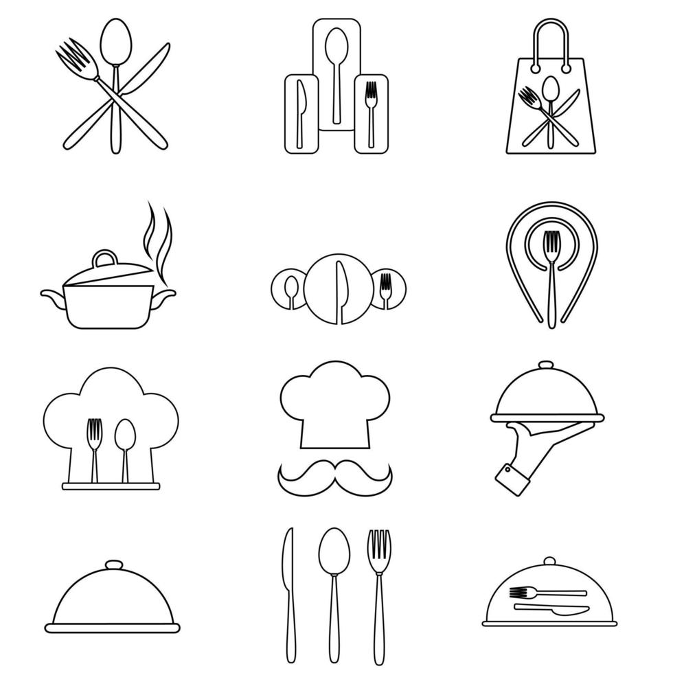 Mahlzeit Symbol Vektor Satz. Restaurant Illustration Zeichen Sammlung. speisen Symbol. Essen Logo. Koch markieren.