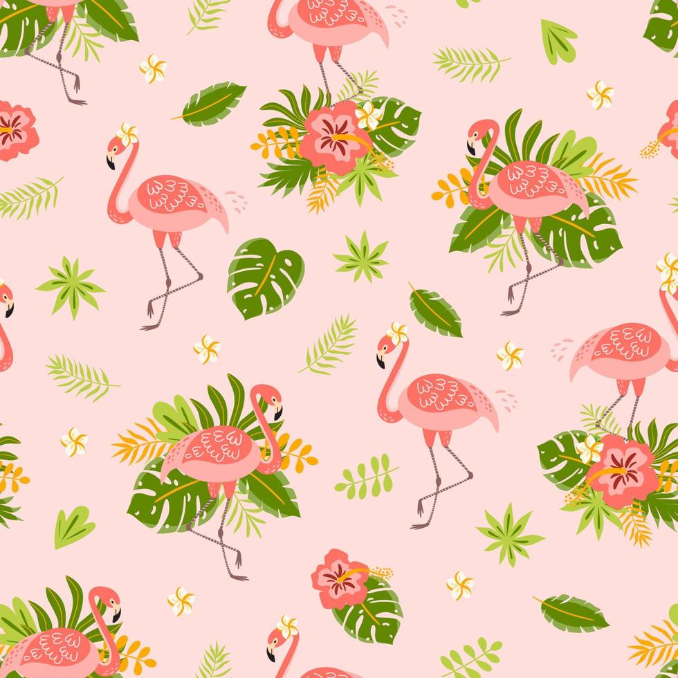 sommar tropisk mönster med söt rosa flamingo fågel, grön tropisk handflatan löv, blommor bakgrund. rosa sommar mönster. regnskog. sommar semester tapet, tryckbar papper vektor illustration