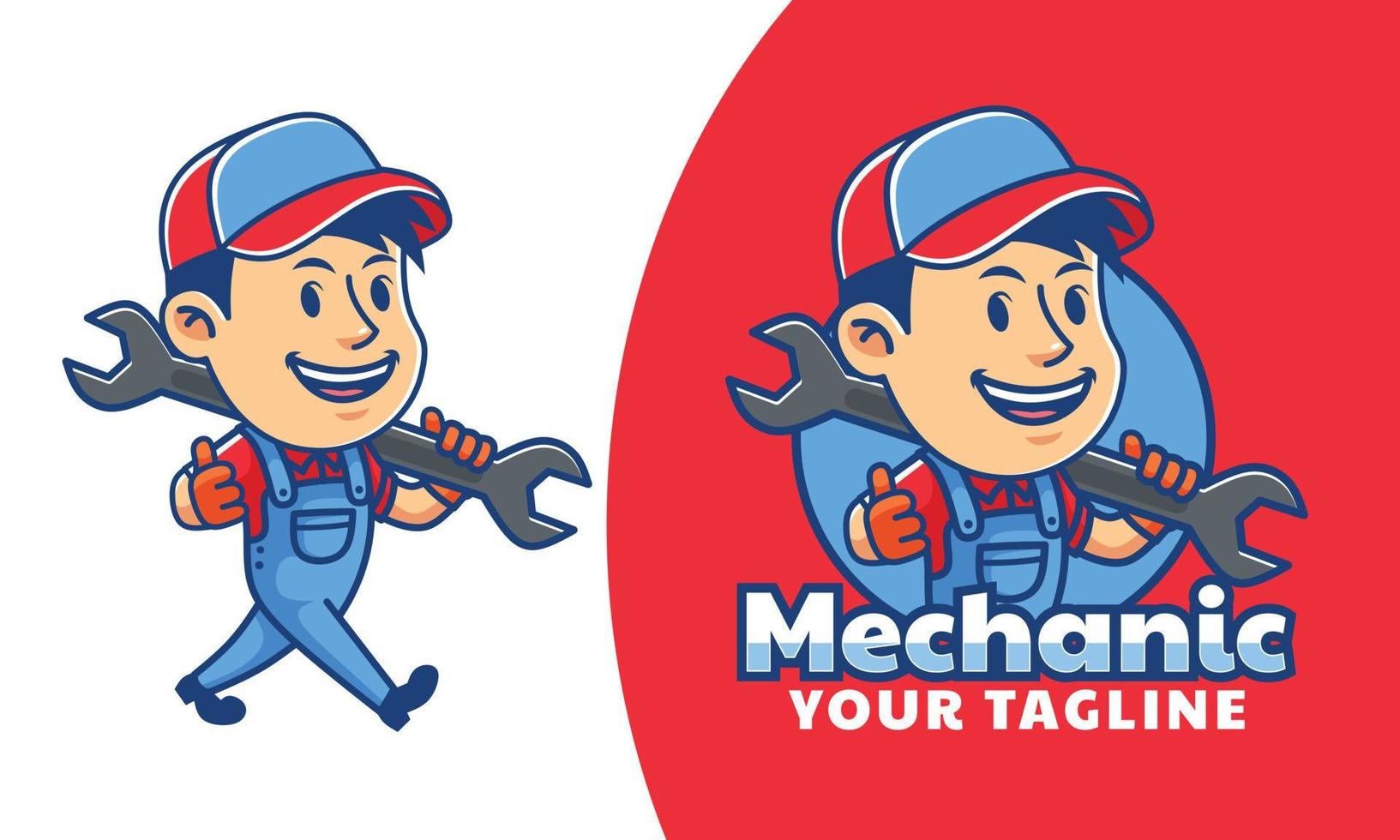 Mechaniker Maskottchen Logo design.konstruktion Arbeiter mit Schraubenschlüssel, Reparatur Industrie Vektor Illustration