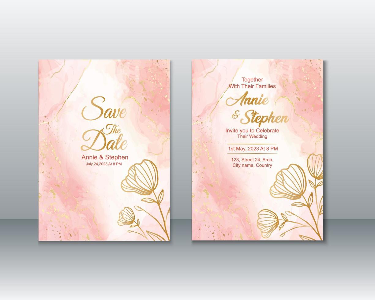 golden Hochzeit Einladung Vorlage mit Wasser Farbe Hintergrund und golden Gliederung Blumen Vektor Illustration