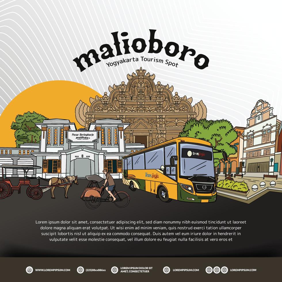 Yogyakarta indonesisch Tourismus Ziel malioboro Straße Illustration zum Sozial Medien Post vektor