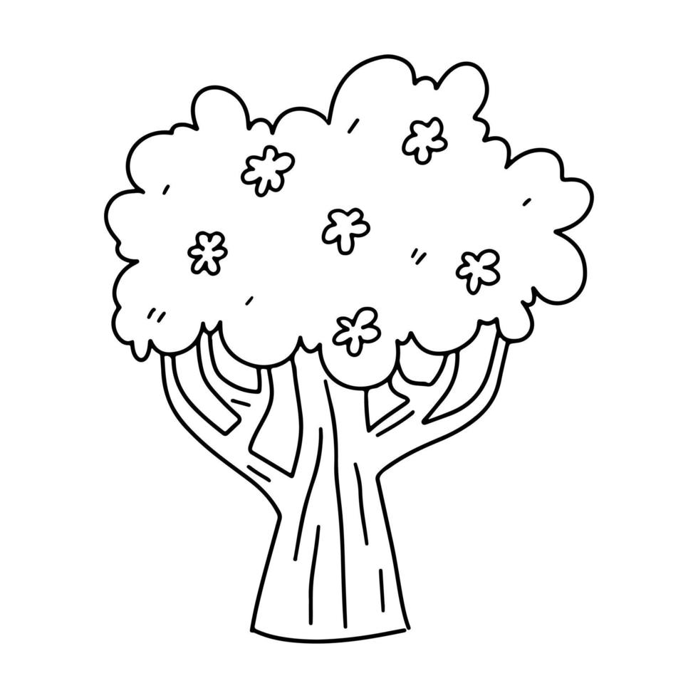 Frühling Baum mit Blumen im Hand gezeichnet Gekritzel Stil. Vektor Illustration isoliert auf Weiß. Färbung Buchseite.