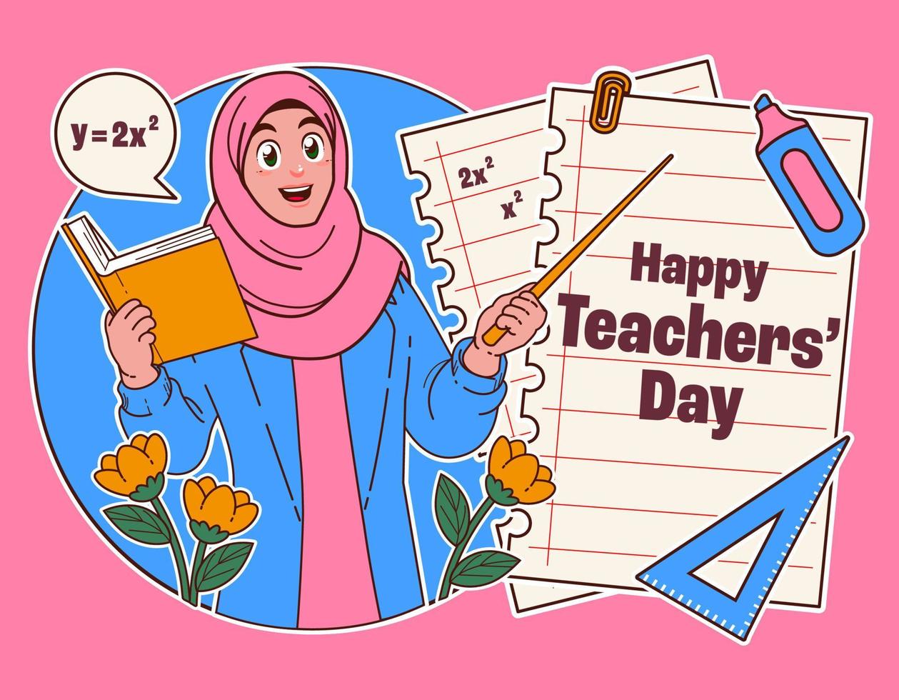 Muslim Lehrer tragen Kopftuch, glücklich Lehrer Tag vektor