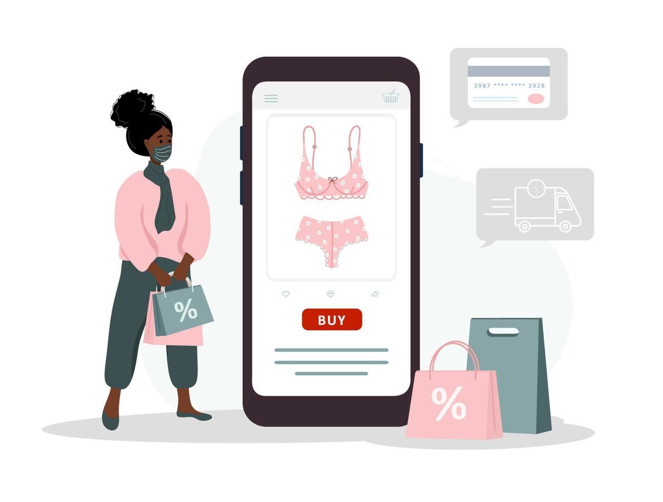 online Einkaufen auf Webseite oder Handy, Mobiltelefon App. afrikanisch Frau kauft ein modern Unterwäsche beim online Dessous speichern. das Produkt Katalog auf das Netz Browser Buchseite. Vektor Illustration im eben Karikatur Stil