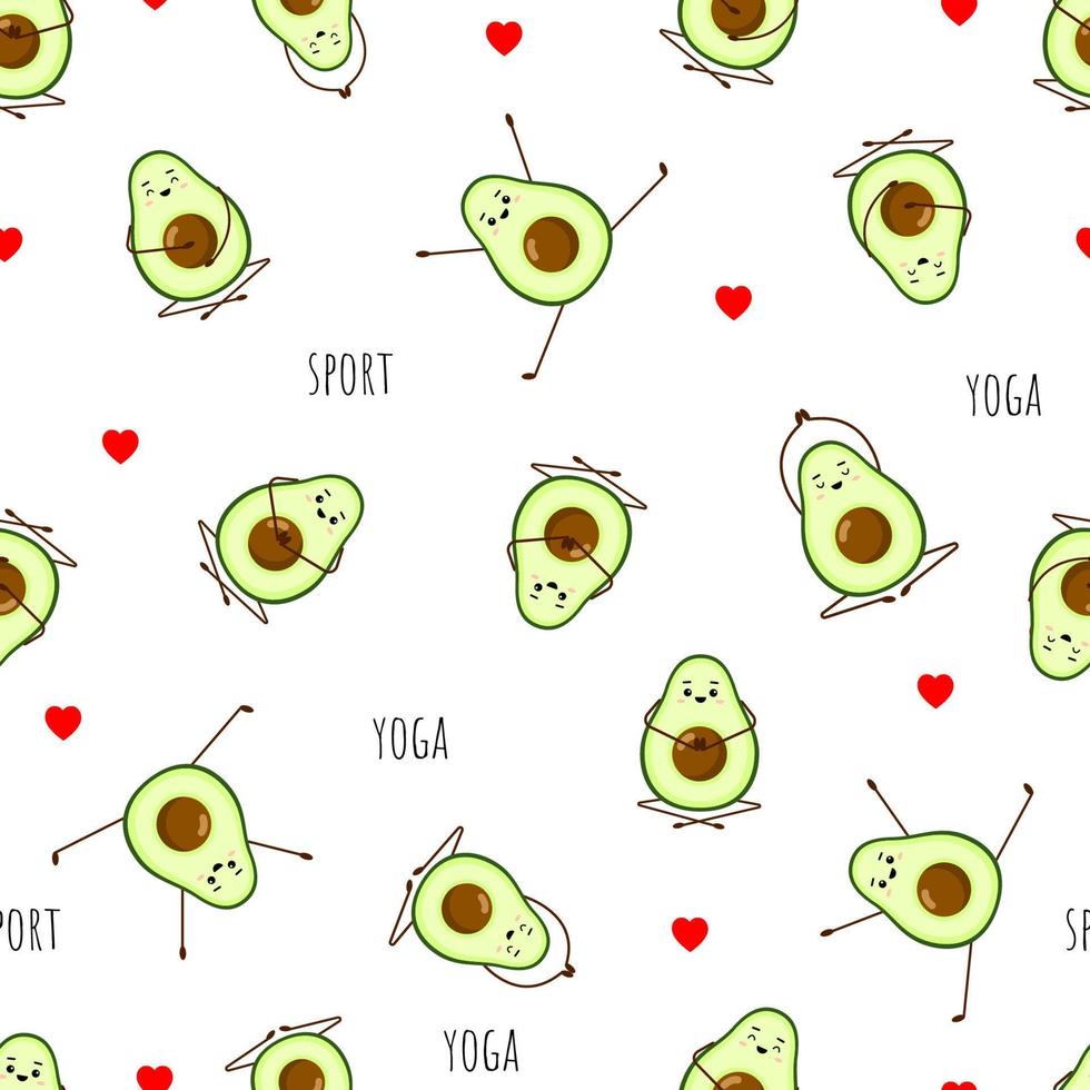 seamless mönster av avokado yoga. avokado karaktär design på vit bakgrund. yoga för gravida kvinnor. söt illustration för gratulationskort, klistermärken, tyg, webbplatser och utskrifter. vektor
