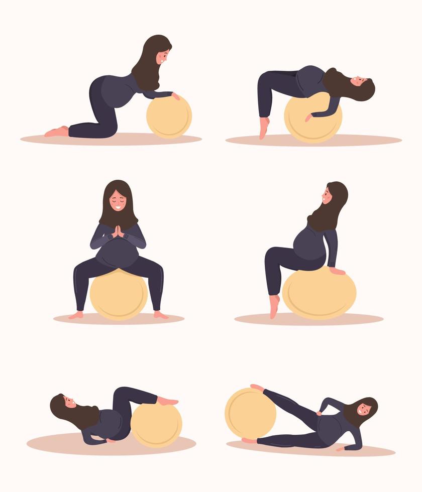 yoga under graviditet. samling av kondition övningar med fitball. arab kvinna håller på med sport. hälsa vård och sport begrepp. skönhet kvinna karaktär. vektor illustration i platt stil.