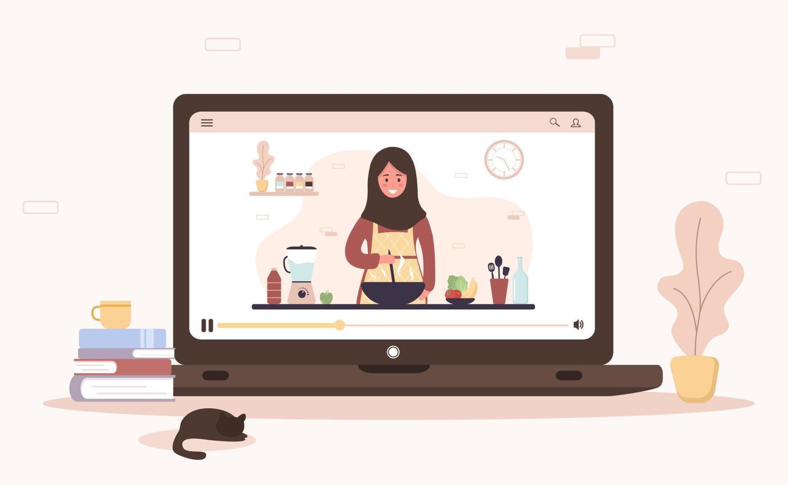 Kochschule. kulinarische Online-Meisterklasse. Arabisches Mädchen im Hijab, das hausgemachte Mahlzeiten zum Mittag- oder Abendessen zubereitet. der Koch lehrt zu kochen. Lernen zu Hause. flache Cartoon-Vektor-Illustration. vektor