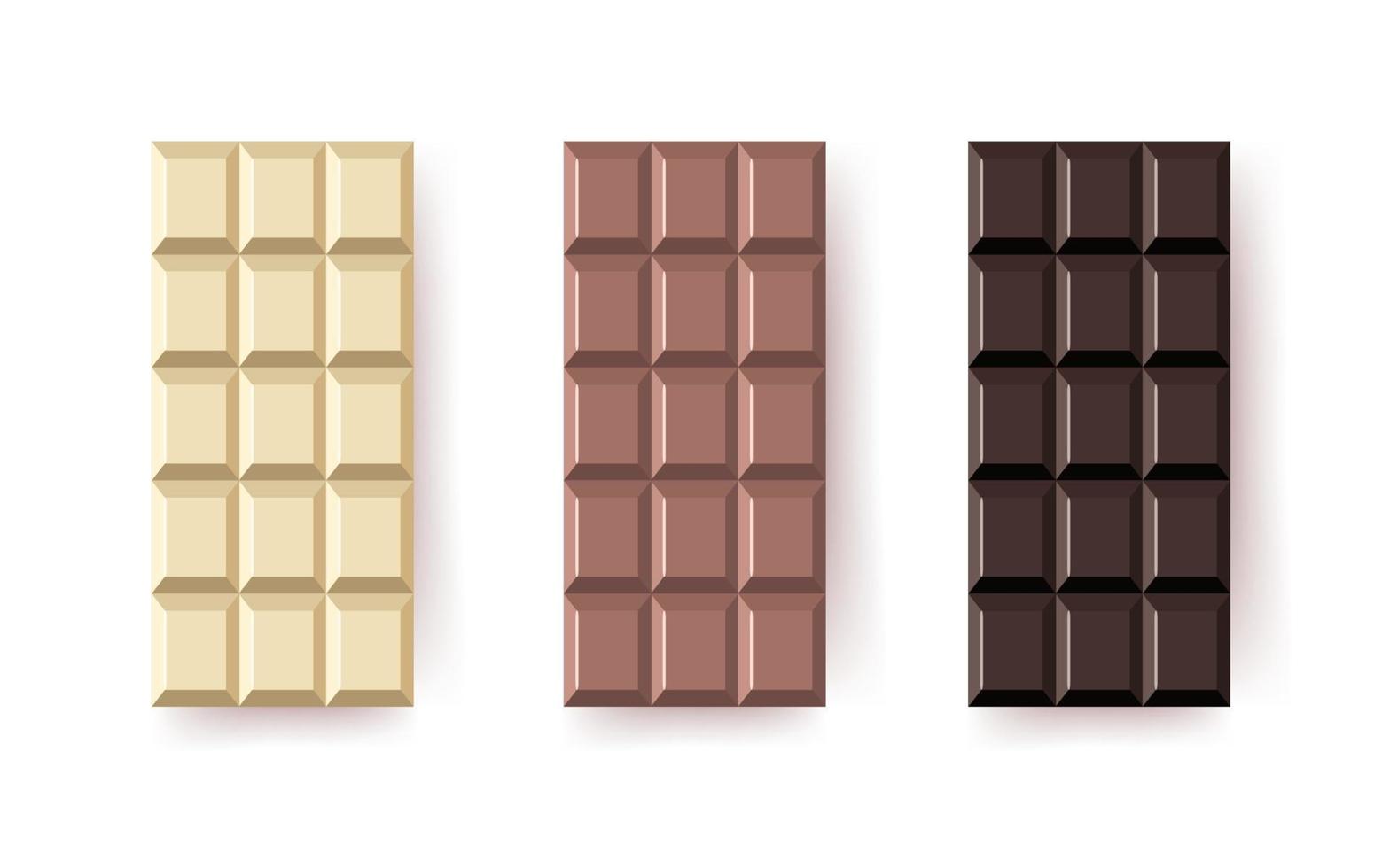 annorlunda choklad bar ikoner. vit, mjölk och bitter choklad. platt efterrätt och ljuv. vektor illustration i tecknad serie stil.