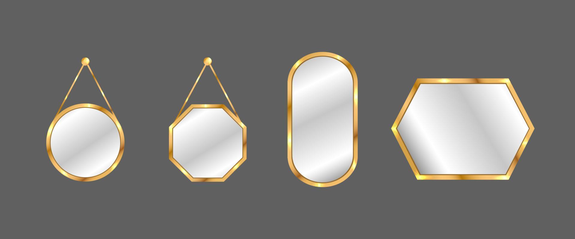 hängende Spiegel eingestellt. Kreis- und Quadratspiegel mit goldenem Rahmen. vektor