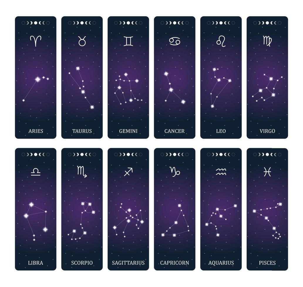 zodiaken tecken med konstellationer på yttre Plats bakgrund. mysterium och esoterisk. horoskop vektor illustration. andlig tarot affisch. magi ockult tarot och astrologi kort.