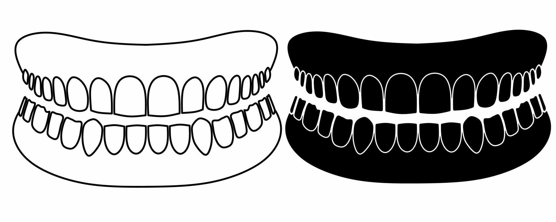 översikt silhuett tandprotes ikon uppsättning isolerat på vit bakgrund vektor