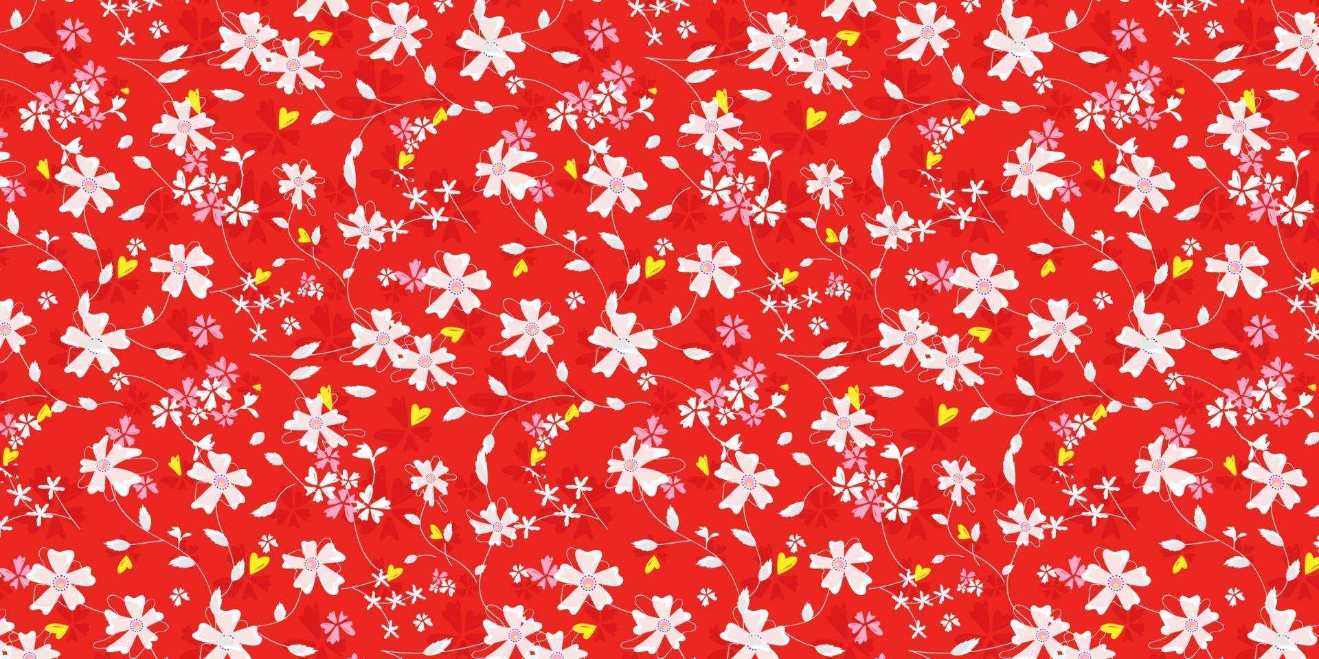 premie blommig mönster illustration. abstrakt blomma och blad fullt med folk stil. skön chabi chic blomma på röd bakgrund. hitta fylla mönster på färgrutor vektor