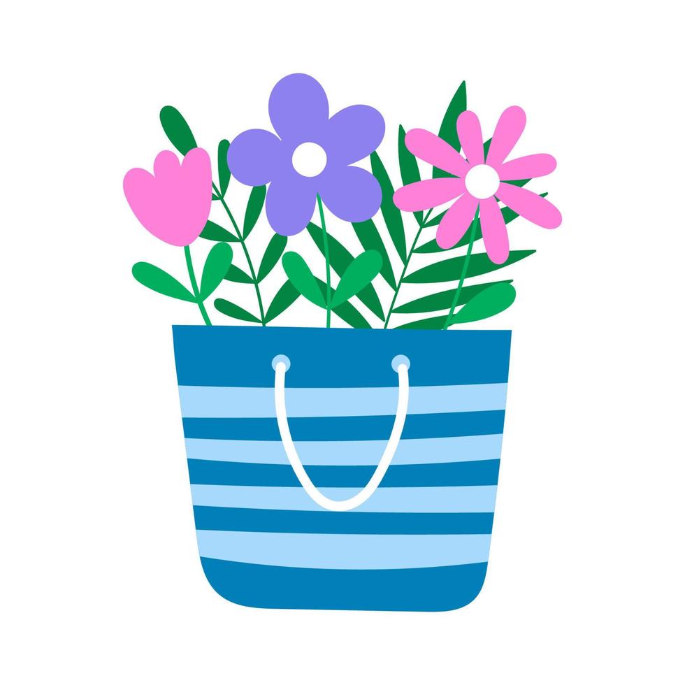 Strand Tasche mit Sommer- Blumen. Karikatur Vektor Illustration.