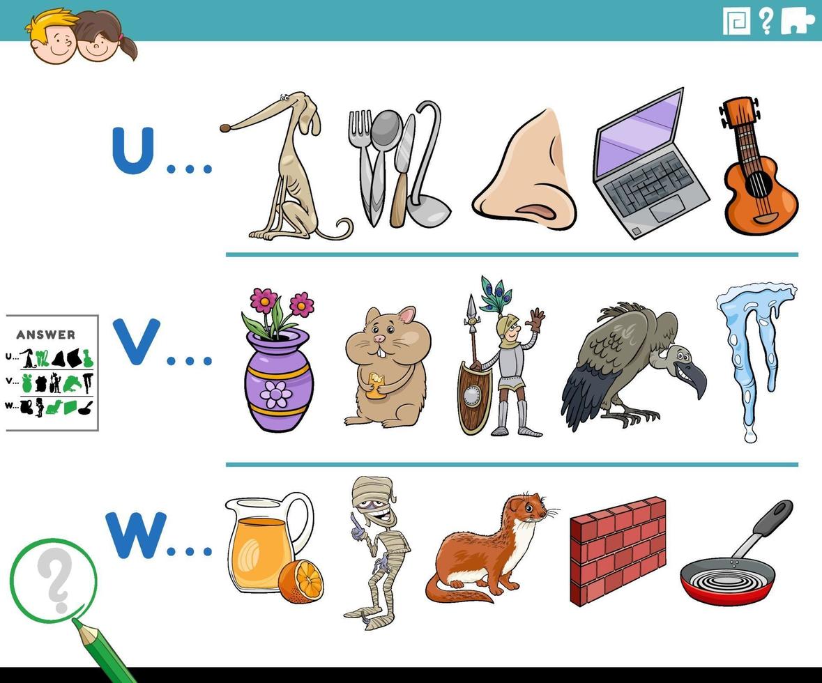 första bokstaven i ett ord tecknat pedagogiskt spel för barn vektor