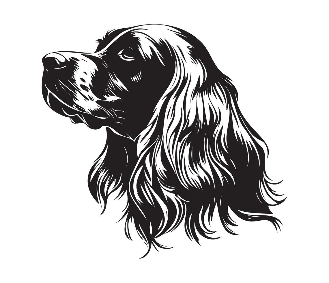 engelsk cockerspaniel spanie ansikte, silhuett hund ansikte, svart och vit engelsk cockerspaniel spanie vektor