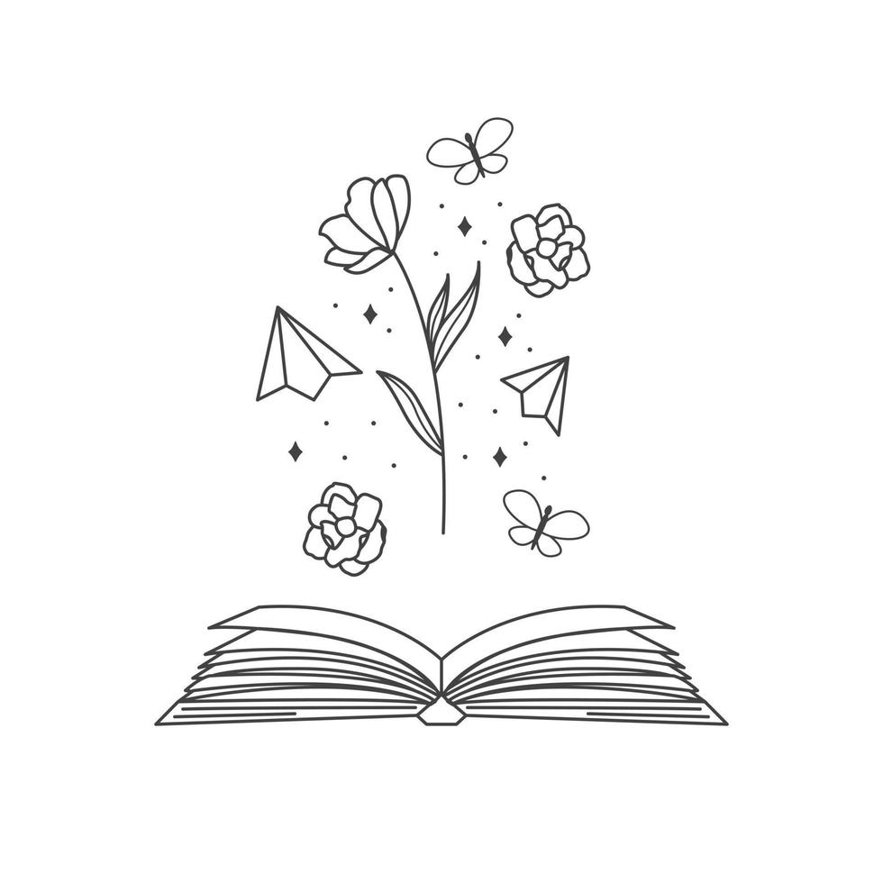 Magie Buch Vektor Logo Design. öffnen Buch mit Blumen, Sterne, Schmetterling und Papier Flugzeug Logotyp. Buch Geschäft Logo Vorlage.