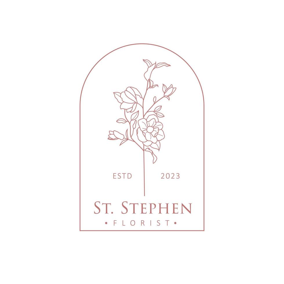 st. stephen Blumenhändler Vektor Logo Design. Blume Ast handgemalt Logotyp. Bohemien Stil Blumen- Logo Vorlage.