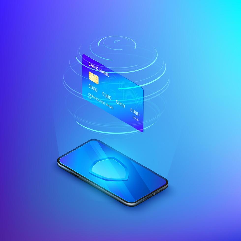 bank uppkopplad service. pengar överföra eller internet handla begrepp. kreditera kort ovan mobil telefon med skydda på skärm. säkerhet och skydd uppkopplad betalning. vektor isometrisk baner