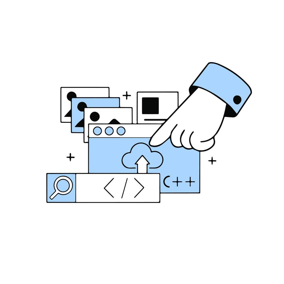 Entwicklung von das Webseite und Anwendung Netz Design. Index Finger auf Symbole und Zeichen. Digital Beruf. Programmierung, Codierung und Zeigefinger. Gliederung Karikatur vektor