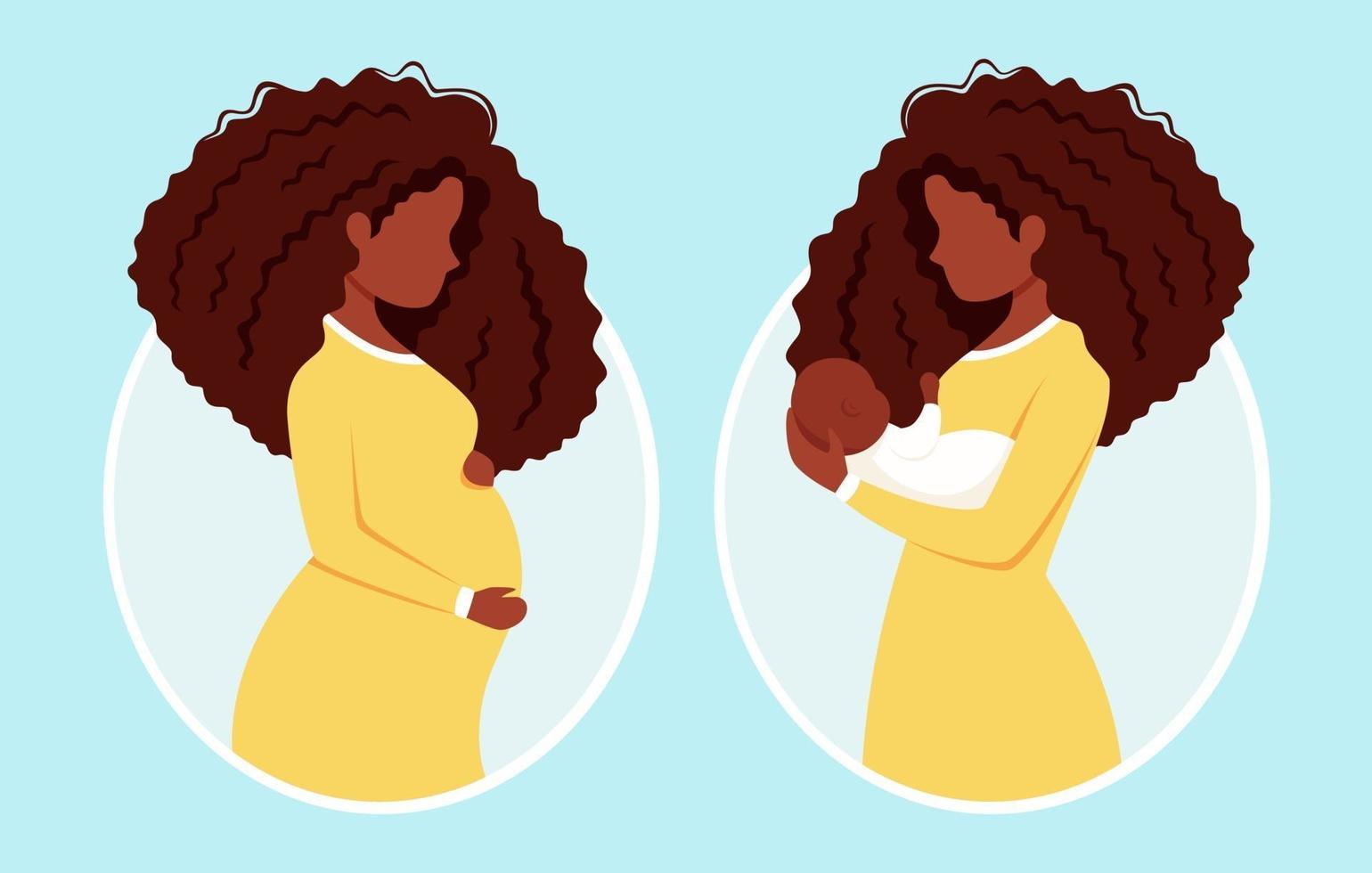 schwangere schwarze Frau. Afroamerikanerin mit Neugeborenen. Schwangerschaft, Mutterschaft. Vektorillustration. vektor
