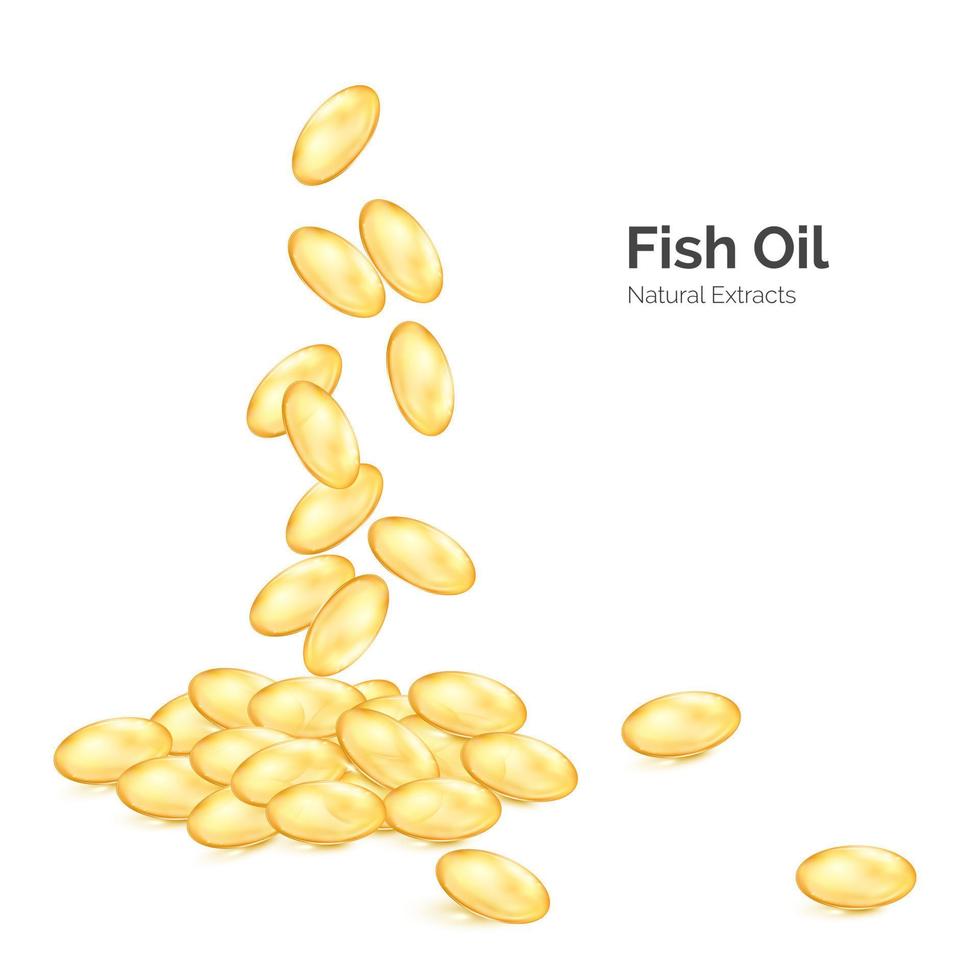 Fisch Öl Omega 3. transparent Kapseln mit Ernährung Ergänzung. gefallen Tabletten Gelb Farbe. Vektor Illustration isoliert auf Weiß