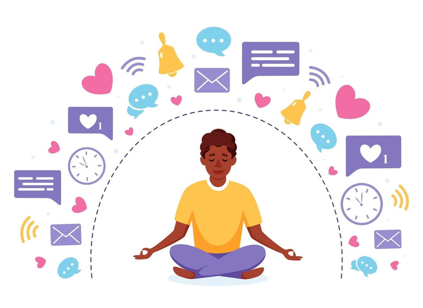 digital avgiftning och meditation. afro amerikansk man som mediterar i lotusställning. vektor illustration.