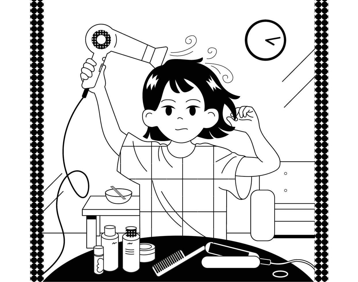 en flicka torkar håret med en torktumlare. handritade illustrationer för stilvektordesign. vektor