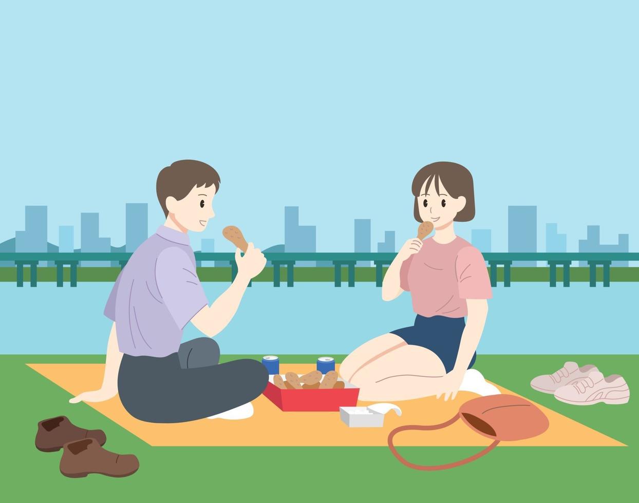 Das Paar macht ein Picknick am Fluss. Hand gezeichnete Art Vektor-Design-Illustrationen. vektor