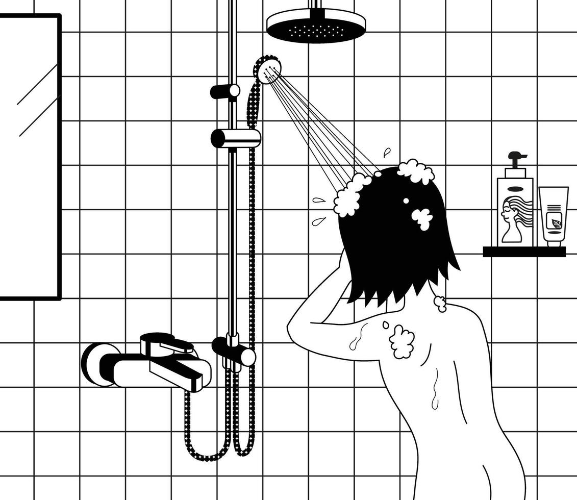 en tjej tar en dusch. handritade illustrationer för stilvektordesign. vektor