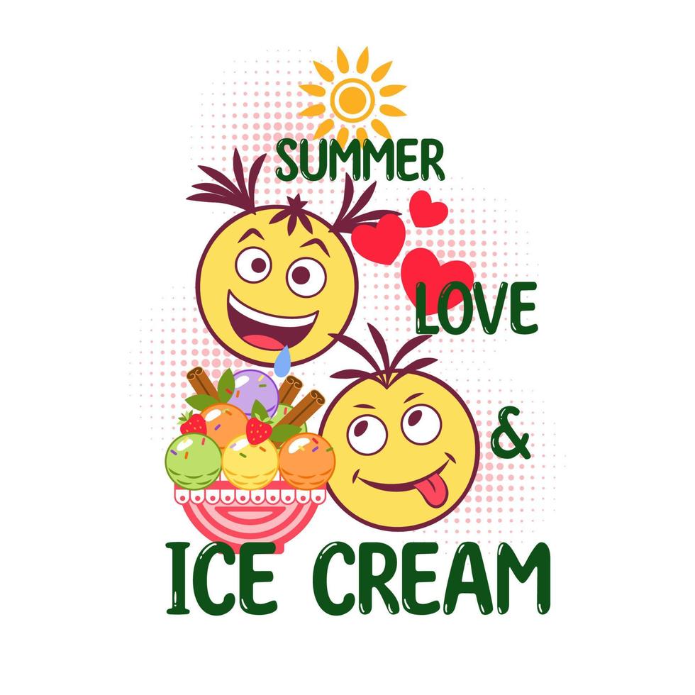 komisch bunt Etikette mit Eis Sahne sandae, verrückt Emoji, Text Liebe, Sommer, Eis Creme, runden Halbton Formen. einfach minimal Stil, Weiß Hintergrund. vektor