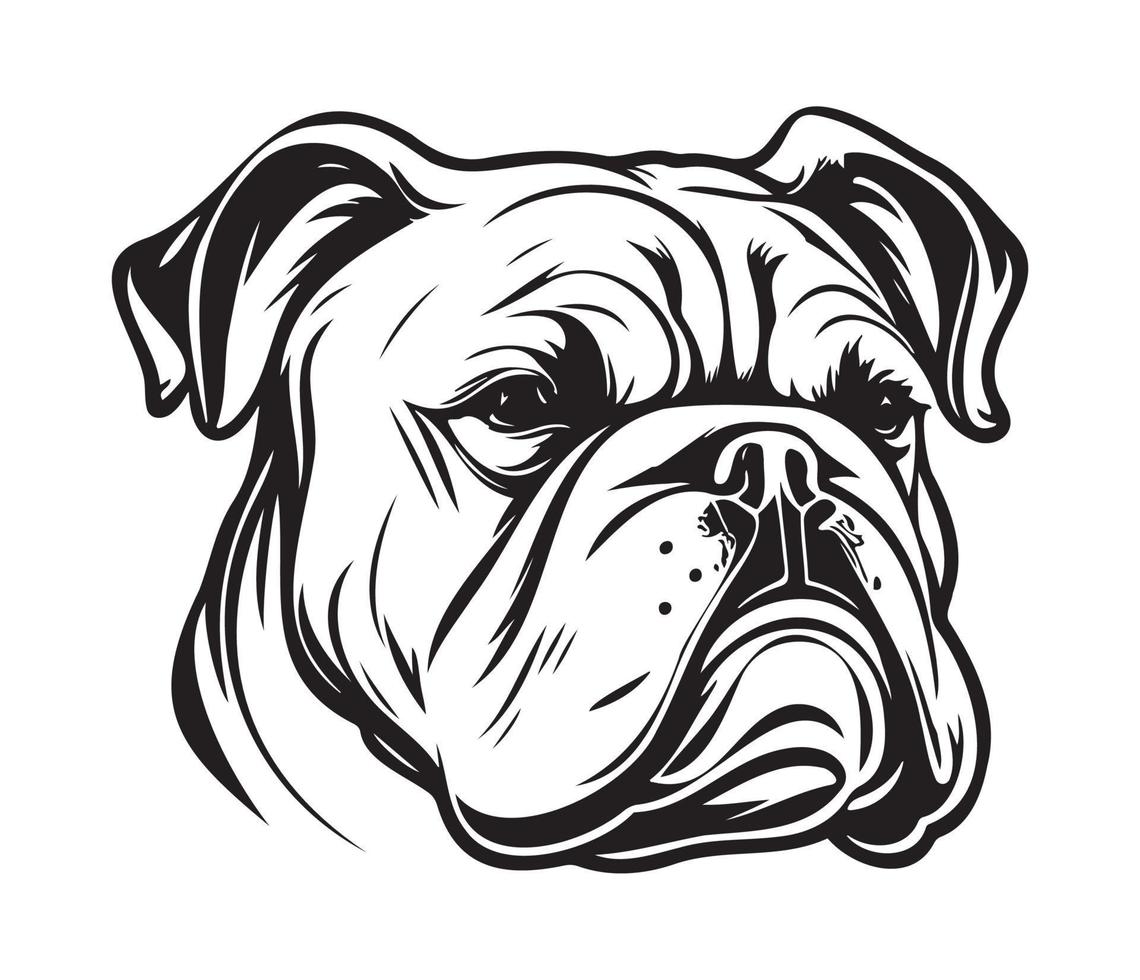 bulldogg ansikte, silhuett hund ansikte, svart och vit bulldogg vektor
