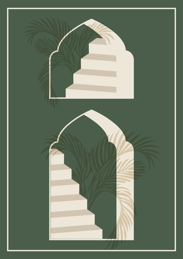 minimalistisch Mittelmeer die Architektur Poster Illustration. modern ästhetisch Grün Kunst. Bohemien Stil künstlerisch Design zum Mauer Dekoration vektor