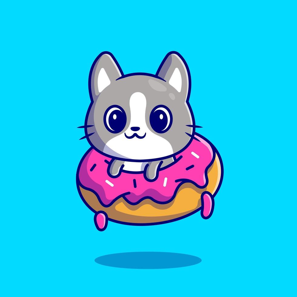 süß Katze mit Krapfen Karikatur Vektor Symbol Illustration. Tier Essen Symbol Konzept isoliert Prämie Vektor. eben Karikatur Stil