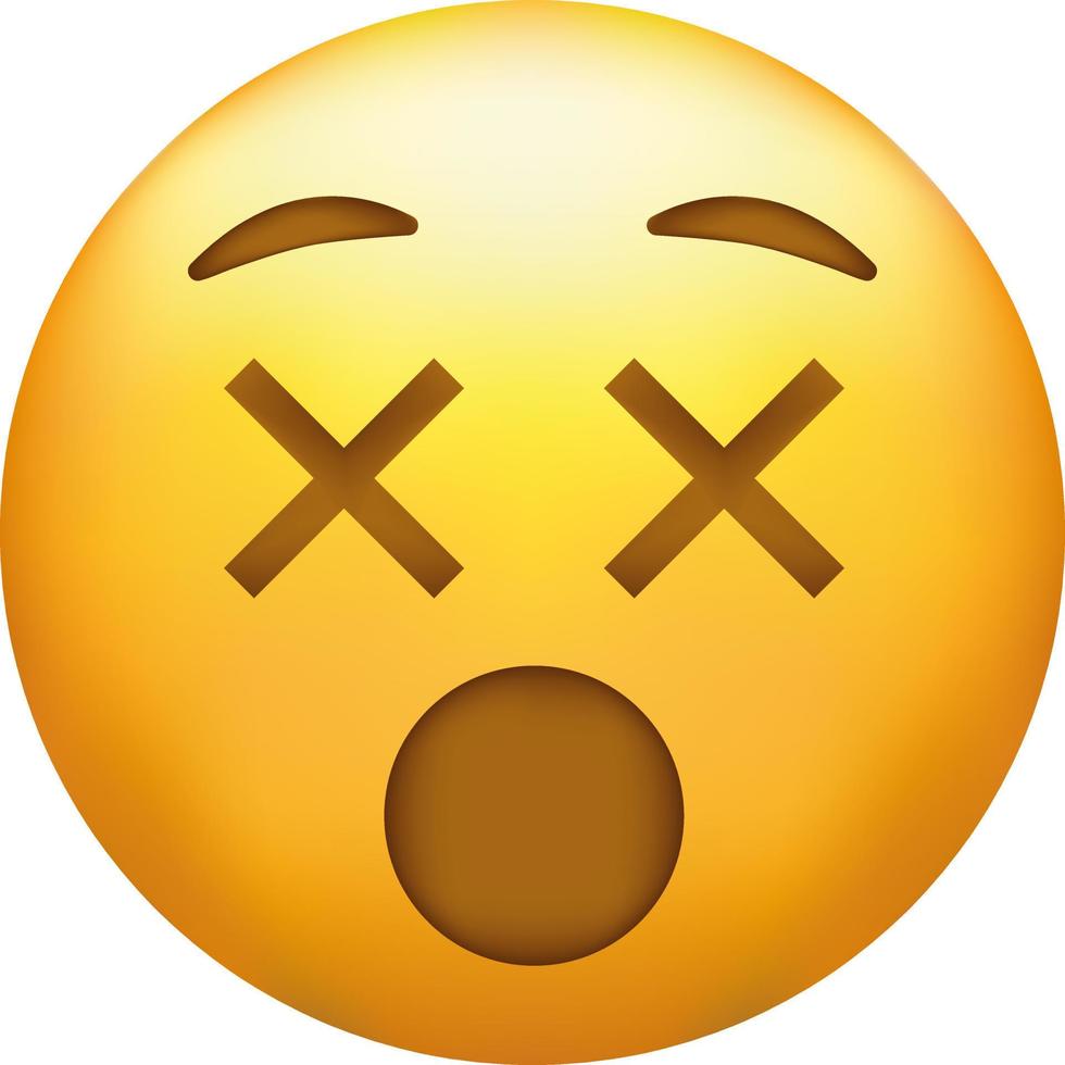 utmattad emoji. trött uttryckssymbol, gul ansikte med x-formad kramad ögon vektor