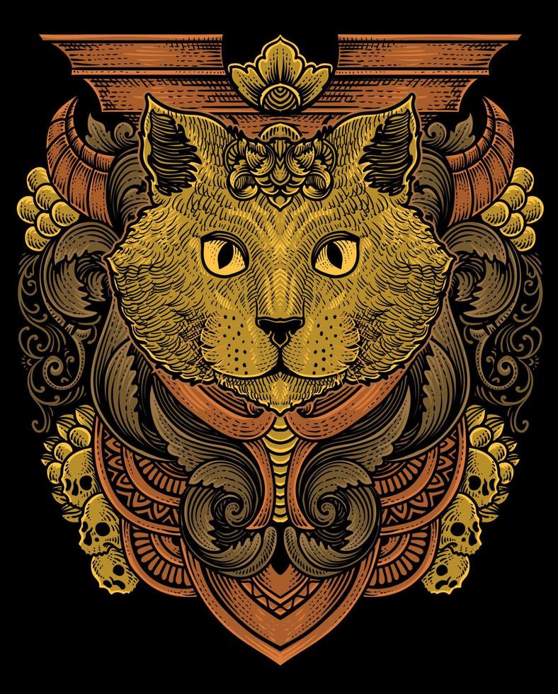 Illustration Vektor Antiquität Katze Kopf mit Jahrgang Gravur Ornament im zurück perfekt zum Ihre Fan-Shop und t Hemd