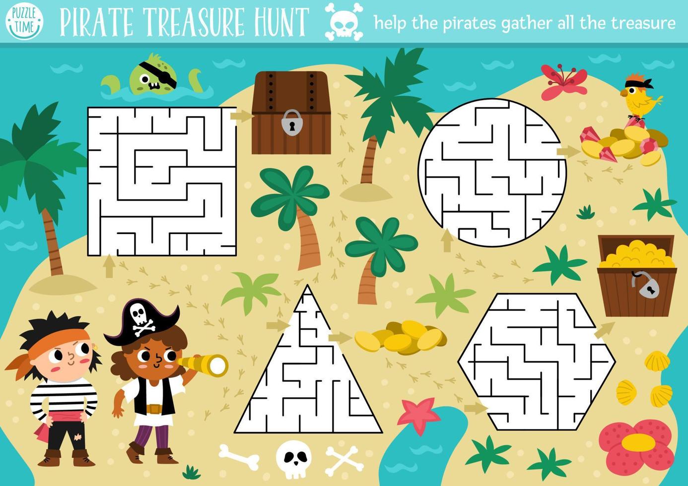 Pirat Matze zum Kinder. Schatz jagen Vorschule druckbar Aktivität mit süß Kinder Versammlung Schätze. Meer Abenteuer geometrisch Formen Labyrinth Puzzle. Spiel mit Kinder auf unbewohnt Insel vektor