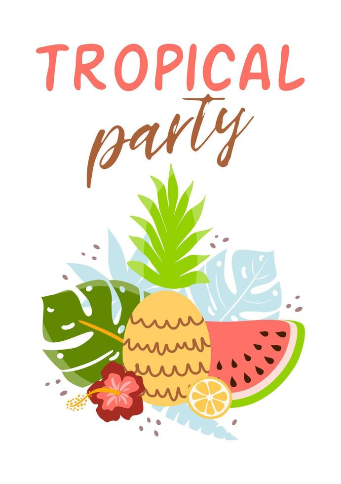 tropisk fest baner med ananas, vattenmelon, citron, tropisk löv. söt strand sammansättning sommar fest affisch. text för strand fest affisch sommar paradis semester tillflykt. vektor illustration.