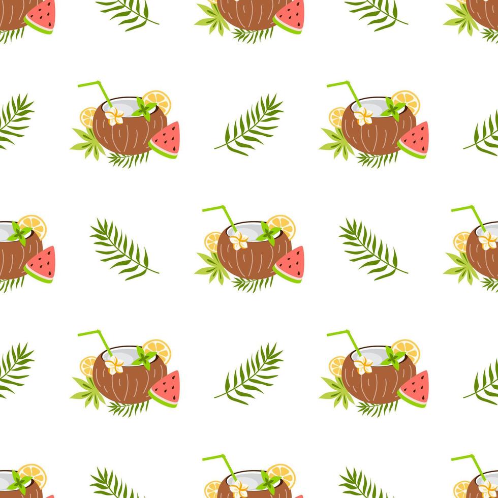 exotisk frukt sömlös mönster. sommar tropisk frukt bakgrund. kokos, vattenmelon, tropisk djungel löv. sommar färsk frukt textil- design omslag papper omslag, tapeter. vektor illustration.