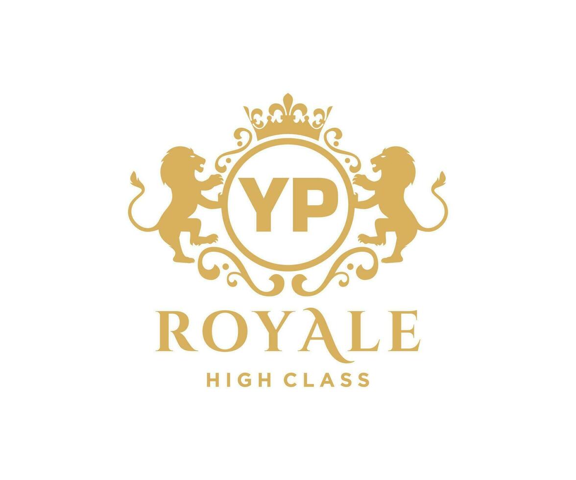 gyllene brev Y P mall logotyp lyx guld brev med krona. monogram alfabet . skön kunglig initialer brev. vektor