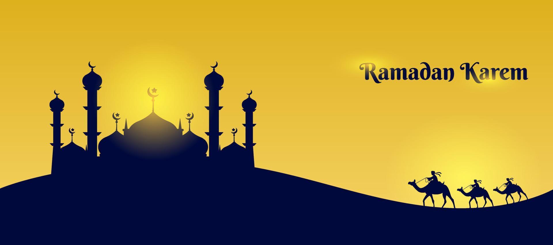 eid Mubarak Ramadan kareem Landschaft traditionell islamisch Banner Vorlage Hintergrund. Silhouette Moschee ein Mann Reiten ein Kamel im ein Wüste und ein Sonnenuntergang. islamisch Religion Konzept Vektor Design