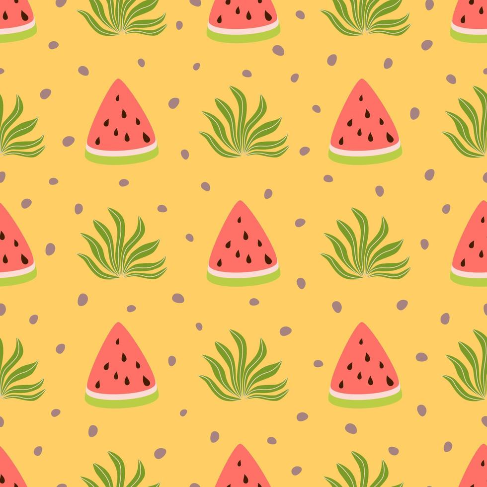 Wassermelone nahtlos Muster. süß Sommer- Obst Hintergrund. Gelb Farbe. tropisch Wassermelone Design Palme Blätter Stoff Textil- Hintergrund, Wassermelone Digital Papier, Sammelalbum. Vektor Illustration.