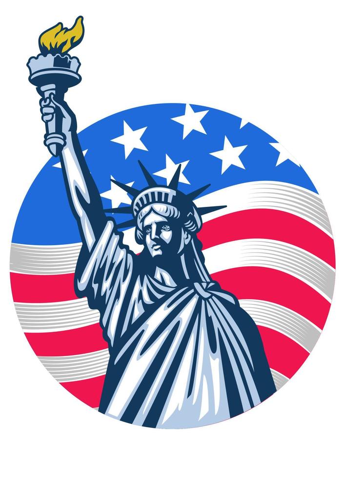 Statue von Freiheit mit USA Flagge wie Hintergrund vektor
