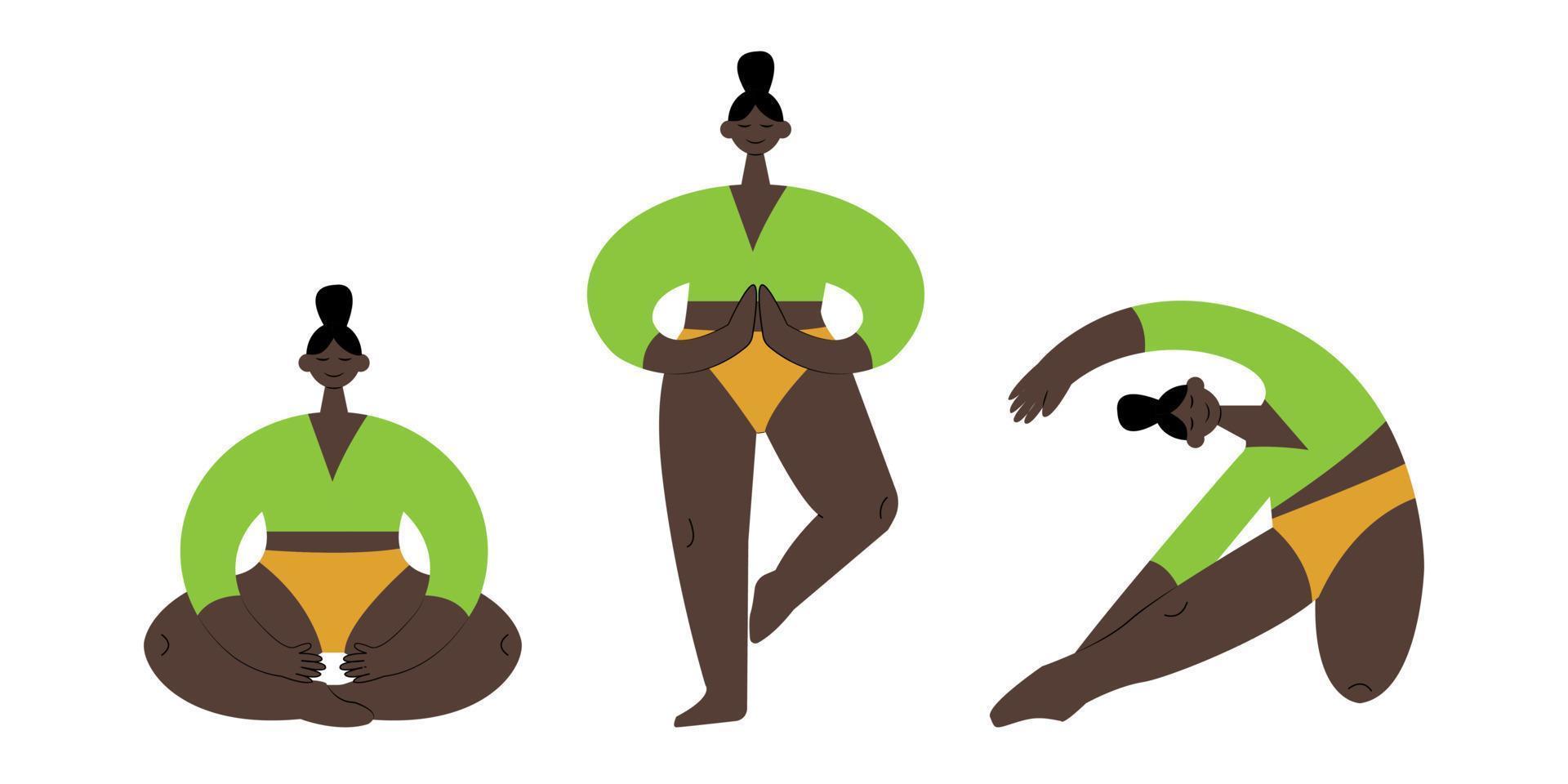 Yoga Zeit. Yoga Pose. Frauen Sport Übung, Fitness, trainieren im anders Posen, dehnen. eben Vektor