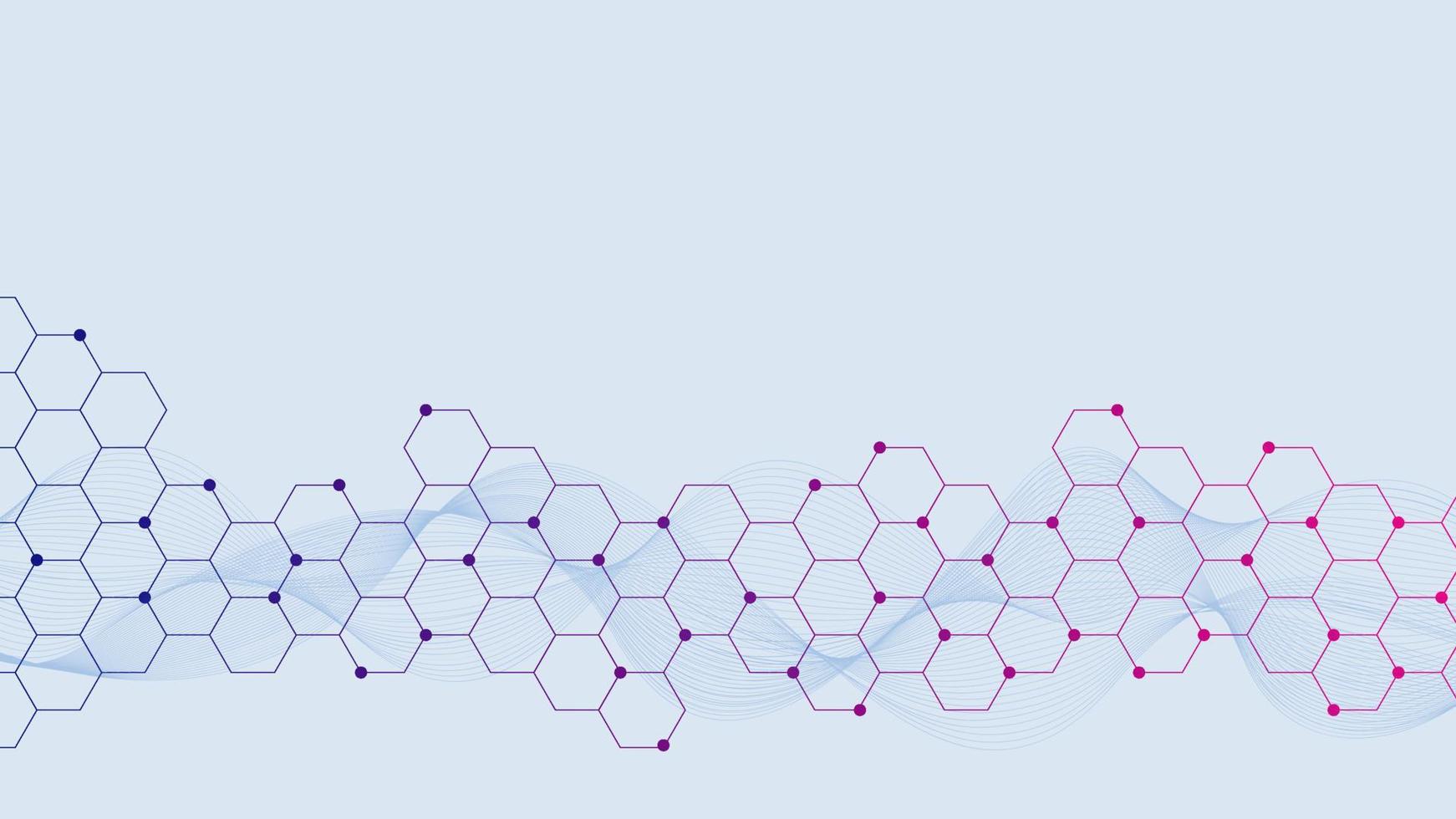 abstrakt sechseckig Hintergrund mit Partikel und Welle fließen zum Medizin, Chemie, Wissenschaft und Technologie Hintergrund Konzept Design. Vektor Illustration.